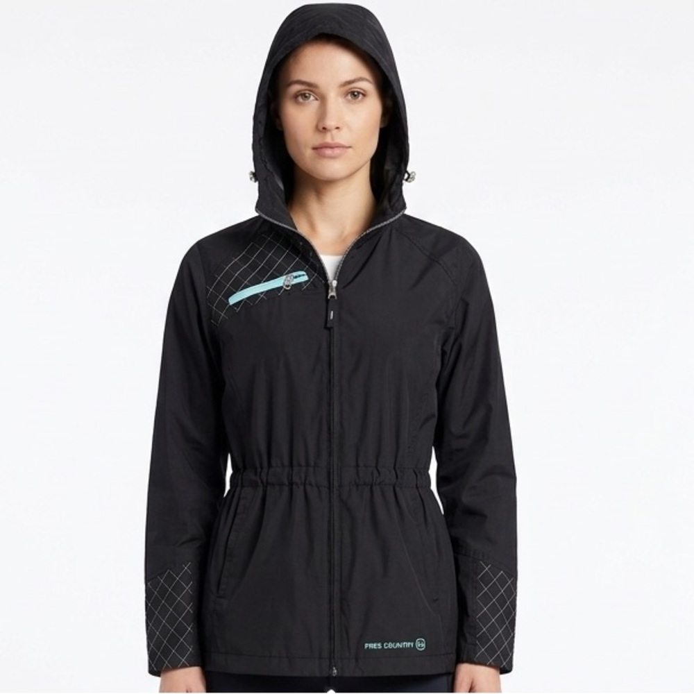 Free Country Radiance Black Hooded Raincoat with Mint Interior Sz M.‎ Preowned